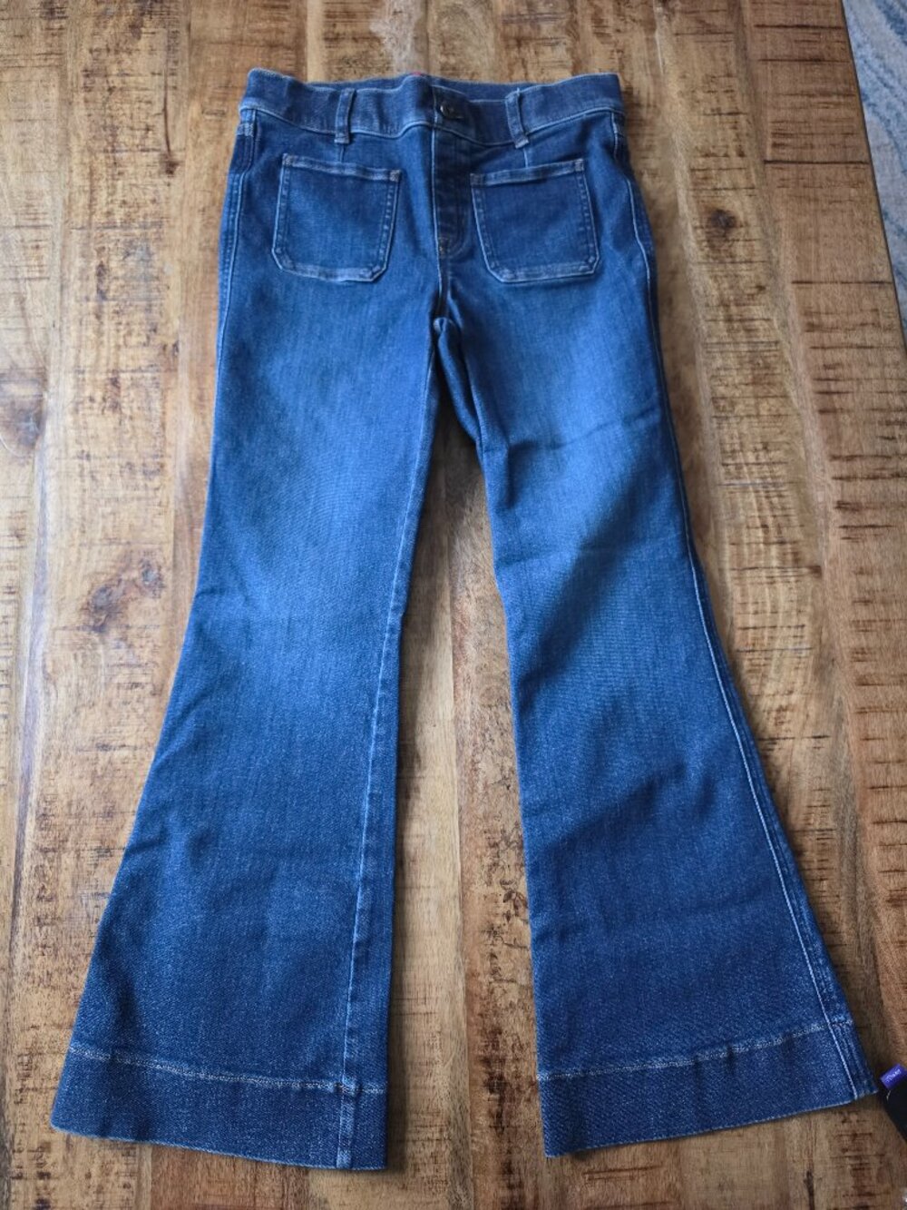SPANX Wide Leg Jeans Blue Denim Front Patch Pockets Size M